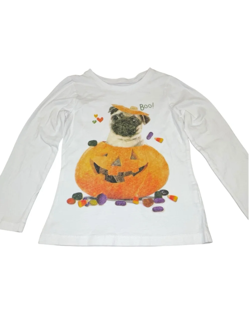 The Children’s Place Pug In A Pumpkin Halloween T Shirt Top Candy Corn Sz S 5/6
